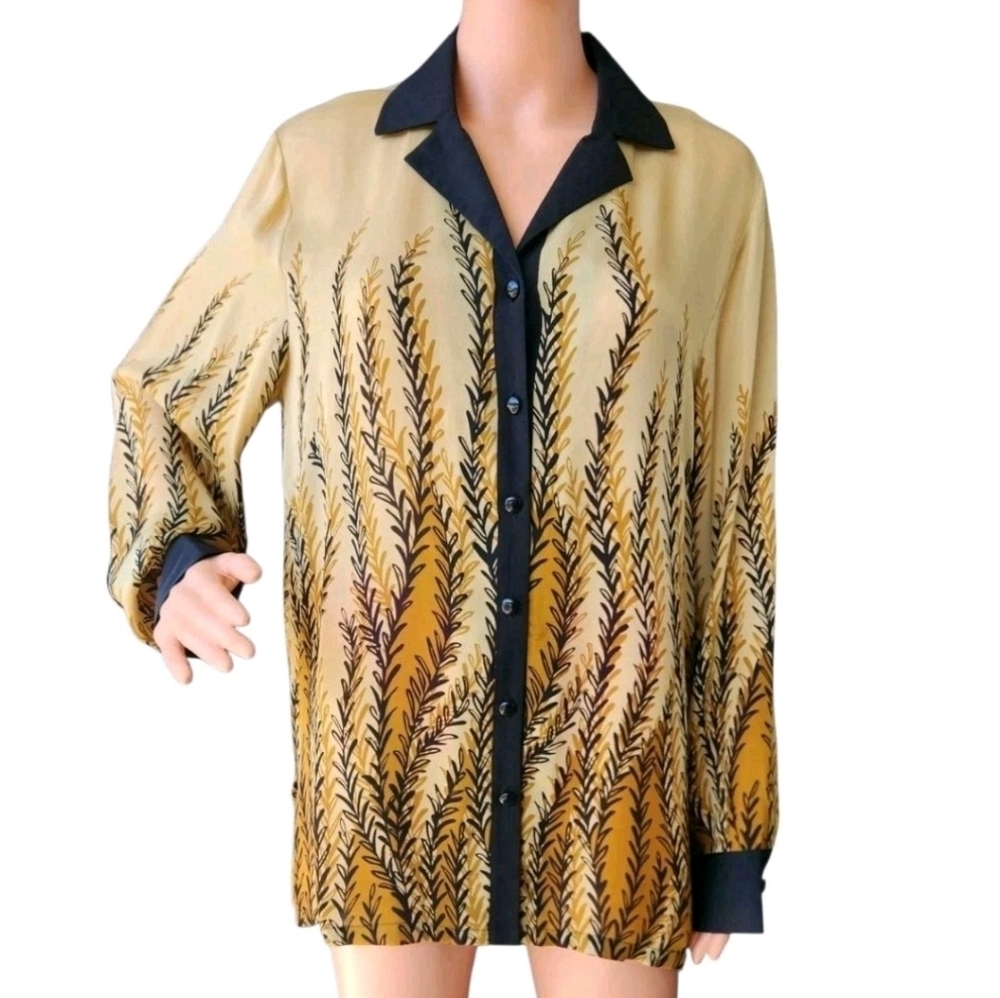 Bob Mackie Wearable Art 100% Silk Beige Vine Wheat Print Button Blouse Size M